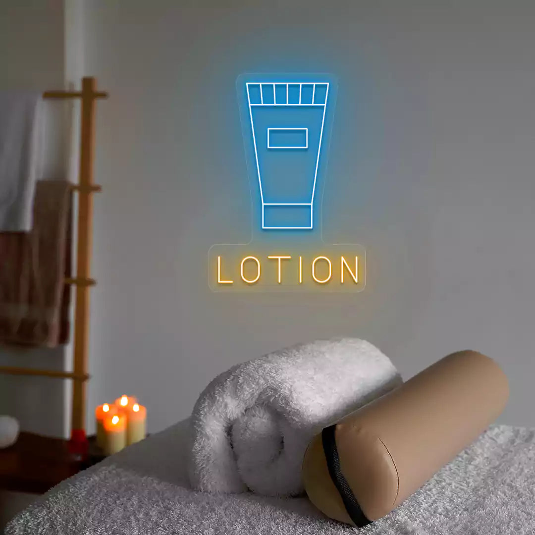 Lotion Tube neon sign in ice blue and orange colors glowing in a spa room