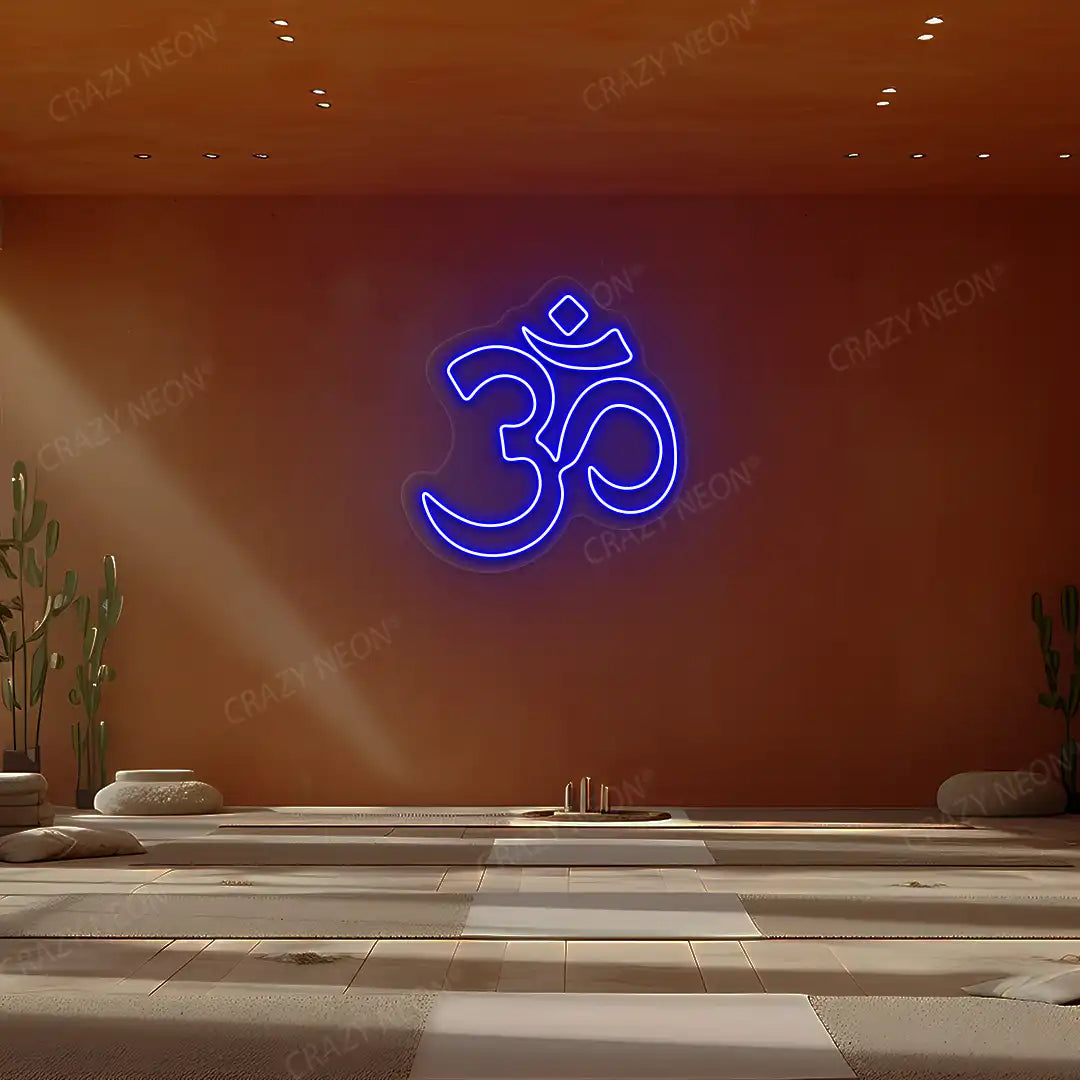 Om Symbol Neon Sign lighting up in blue color in a yoga room