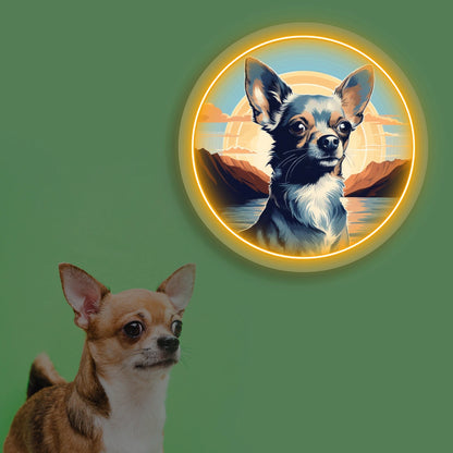 Sunset Lake Chihuahua Portrait Neon Artwork in orange color