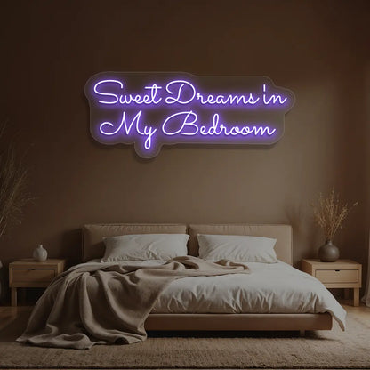 purple sweet dreams in my bedroom neon sign mounted on a wall