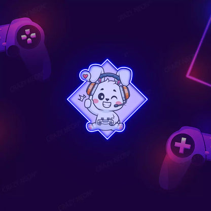 Cute Bunny Gamer Neon Artwork in Blue Color.