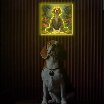 Tropical Zen Beagle Meditation Neon Artwork in Yellow Color