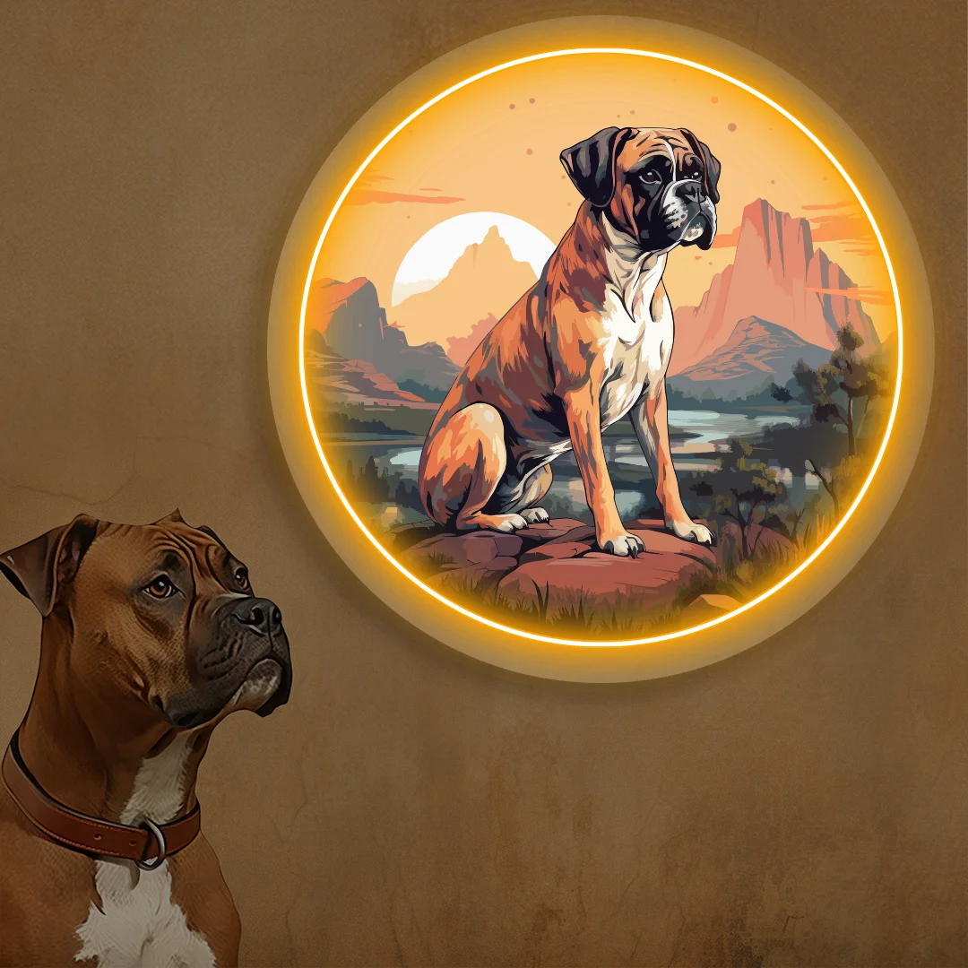 Desert Sunset Boxer Dog Neon Artwork in Orange Color
