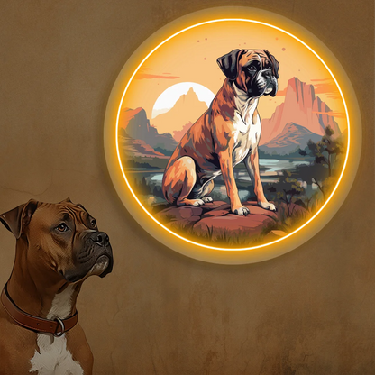 Desert Sunset Boxer Dog Neon Artwork in Orange Color