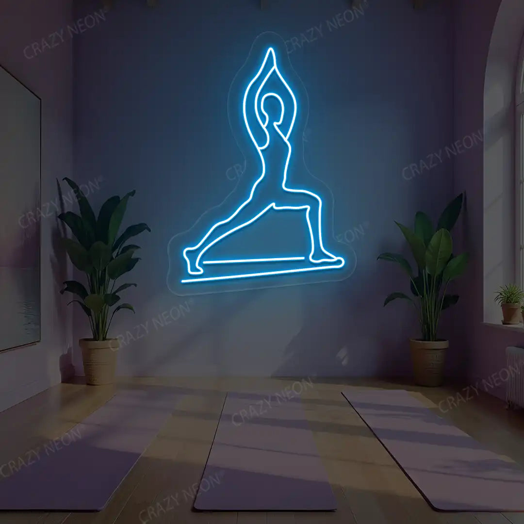Virabhadrasana I Yoga Neon Sign lighting up in ice blue color in a yoga room