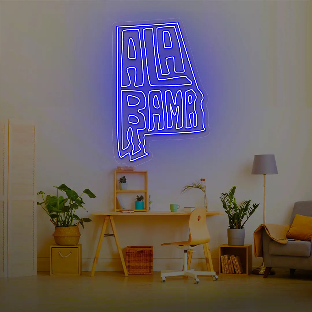 ALABAMA Map Neon Sign lighting up in blue color in a room