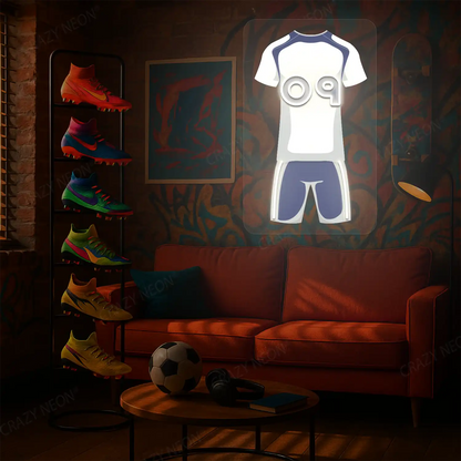 White and navy blue football jersey neon artwork with number 09 glowing on a graffiti-covered wall