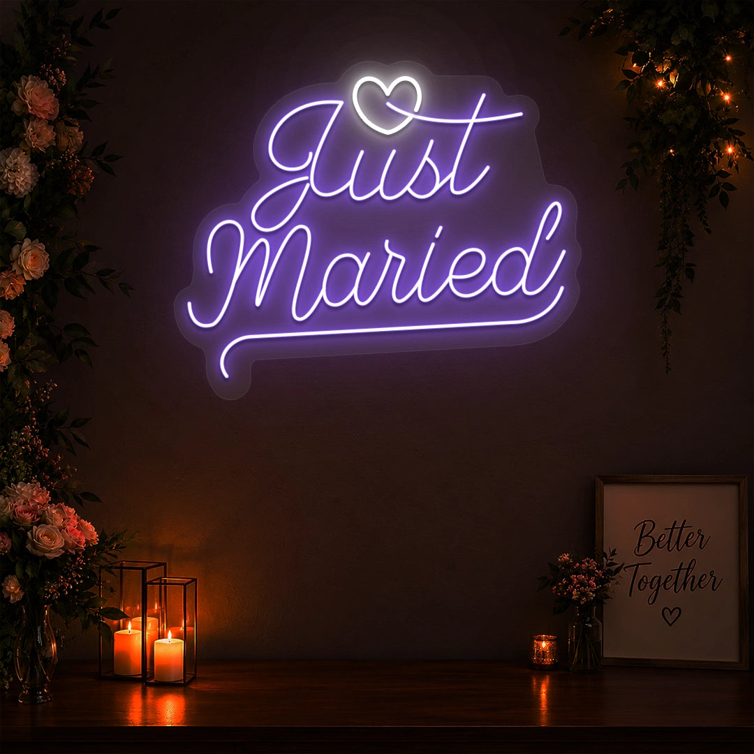 Just Married Vows Wedding Neon Sign in purple color