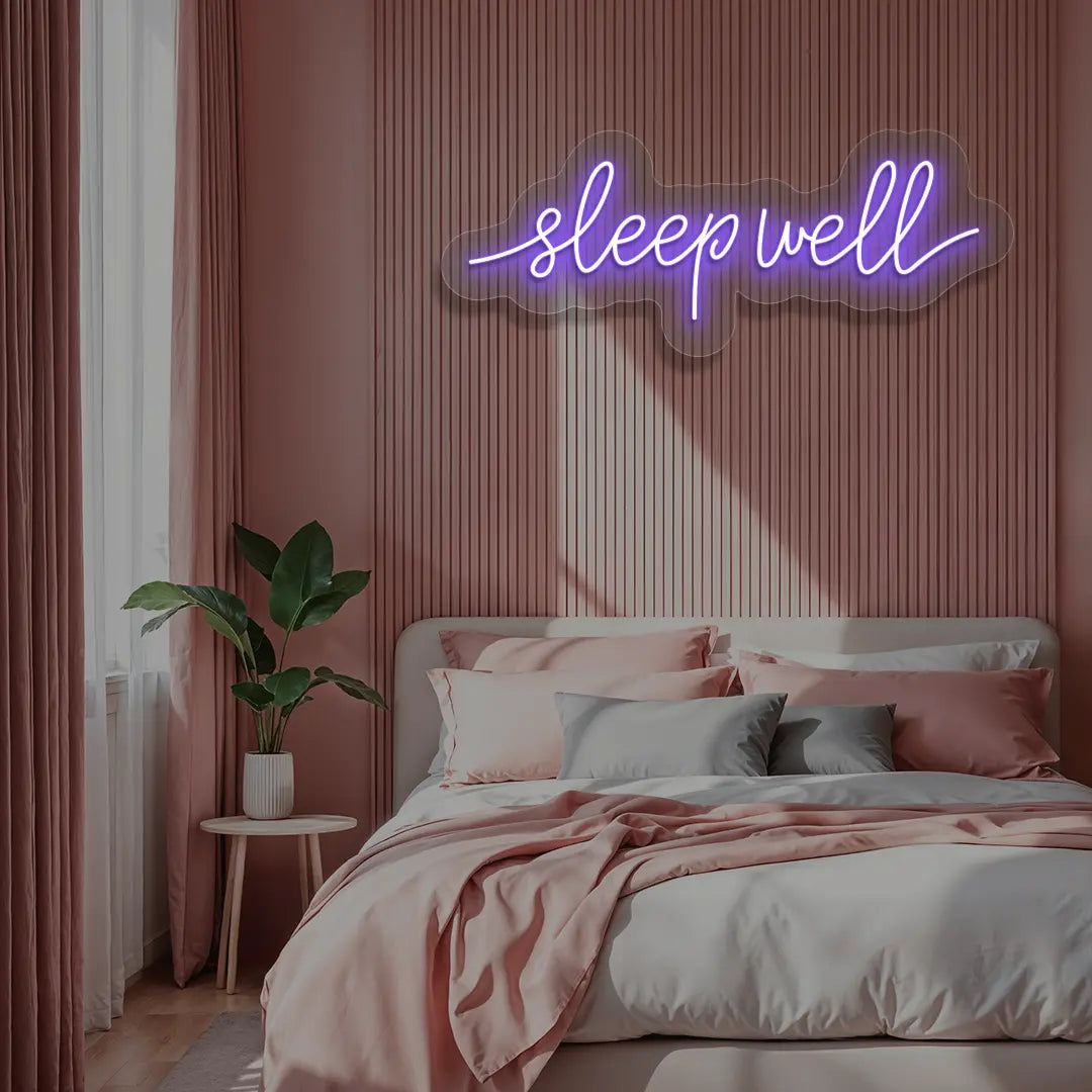 purple sleepwell neon sign mounted on a wall