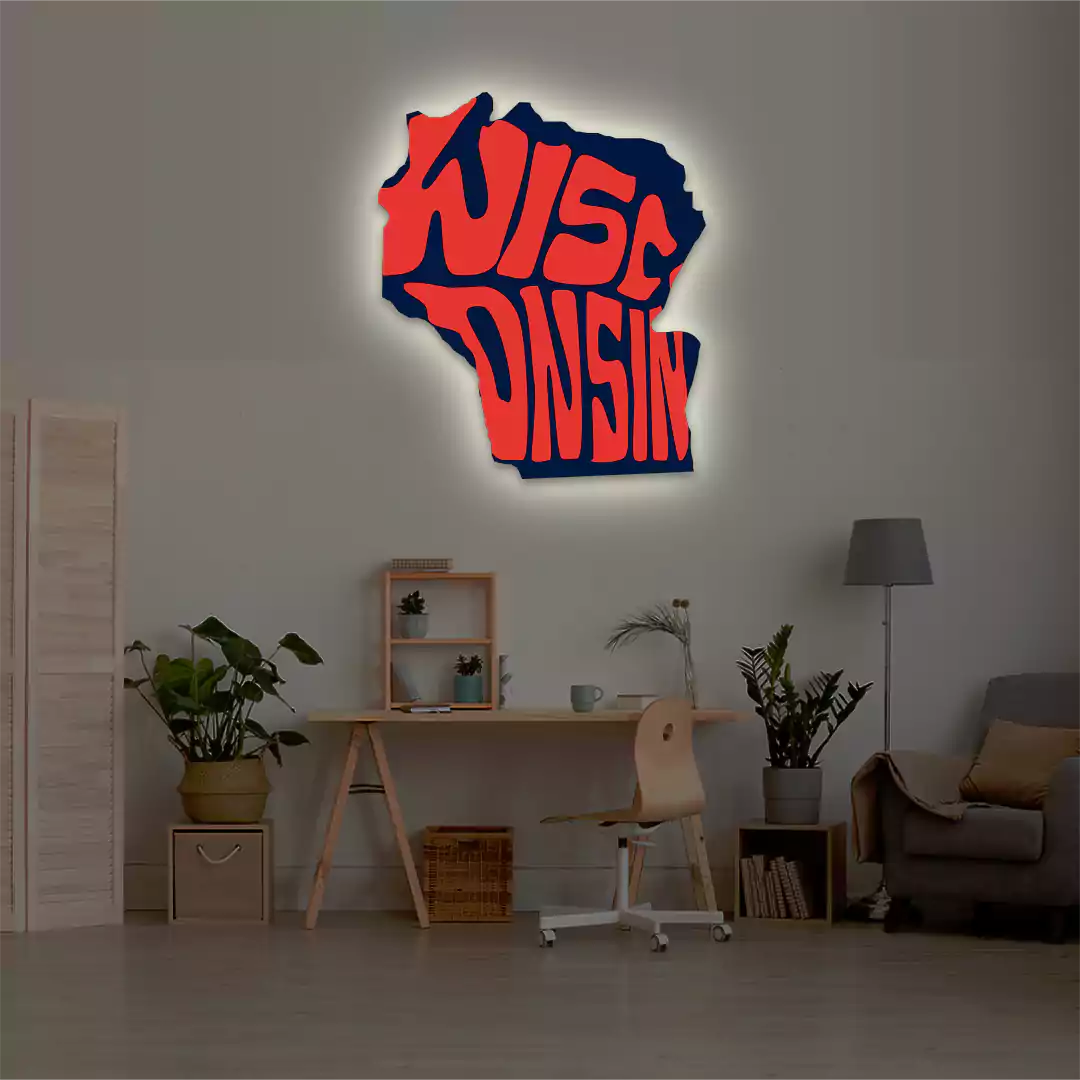 Wisconsin map backlit metal wall art vinyl print with warm white LED glow