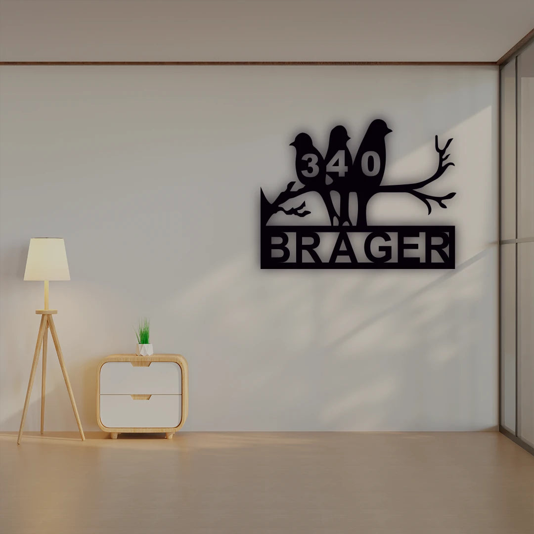 Bird Family House Number Name Custom Metal Monogram in Black Color