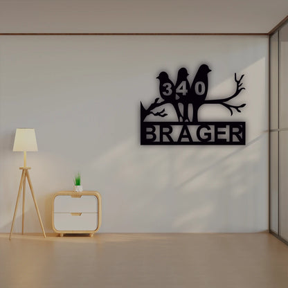 Bird Family House Number Name Custom Metal Monogram in Black Color