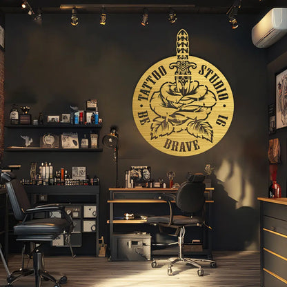 Rose Dagger Tattoo Studio Custom Metal Monogram In golden color