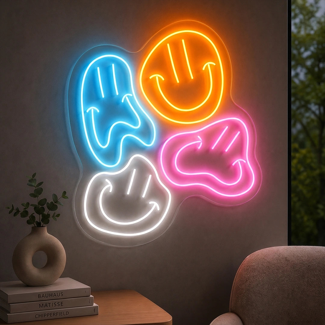 Enjoy Glowing Smiley Face Neon Sign in Interiors in Multicolor