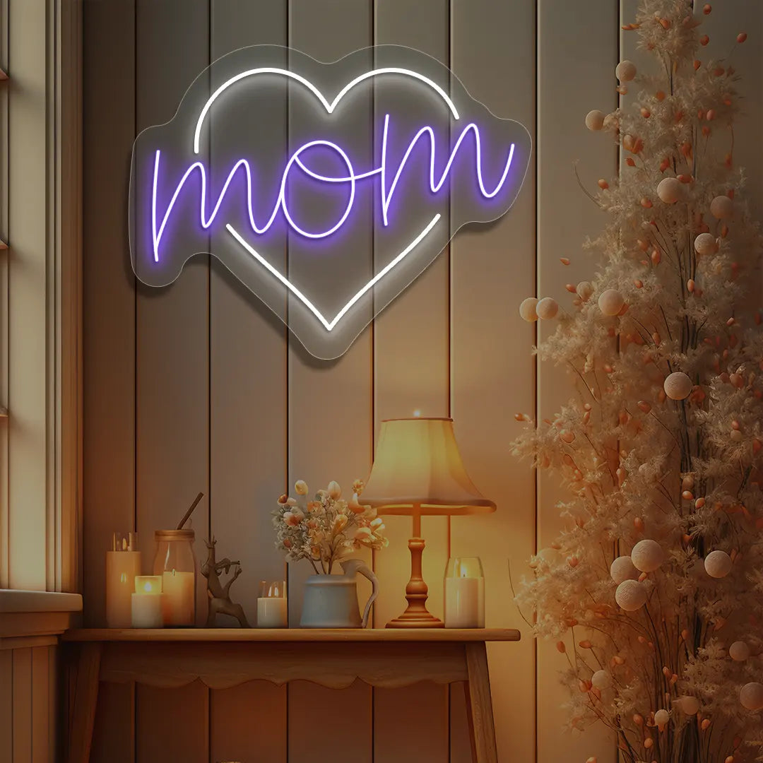 Mom Heart Neon Sign in Purple color