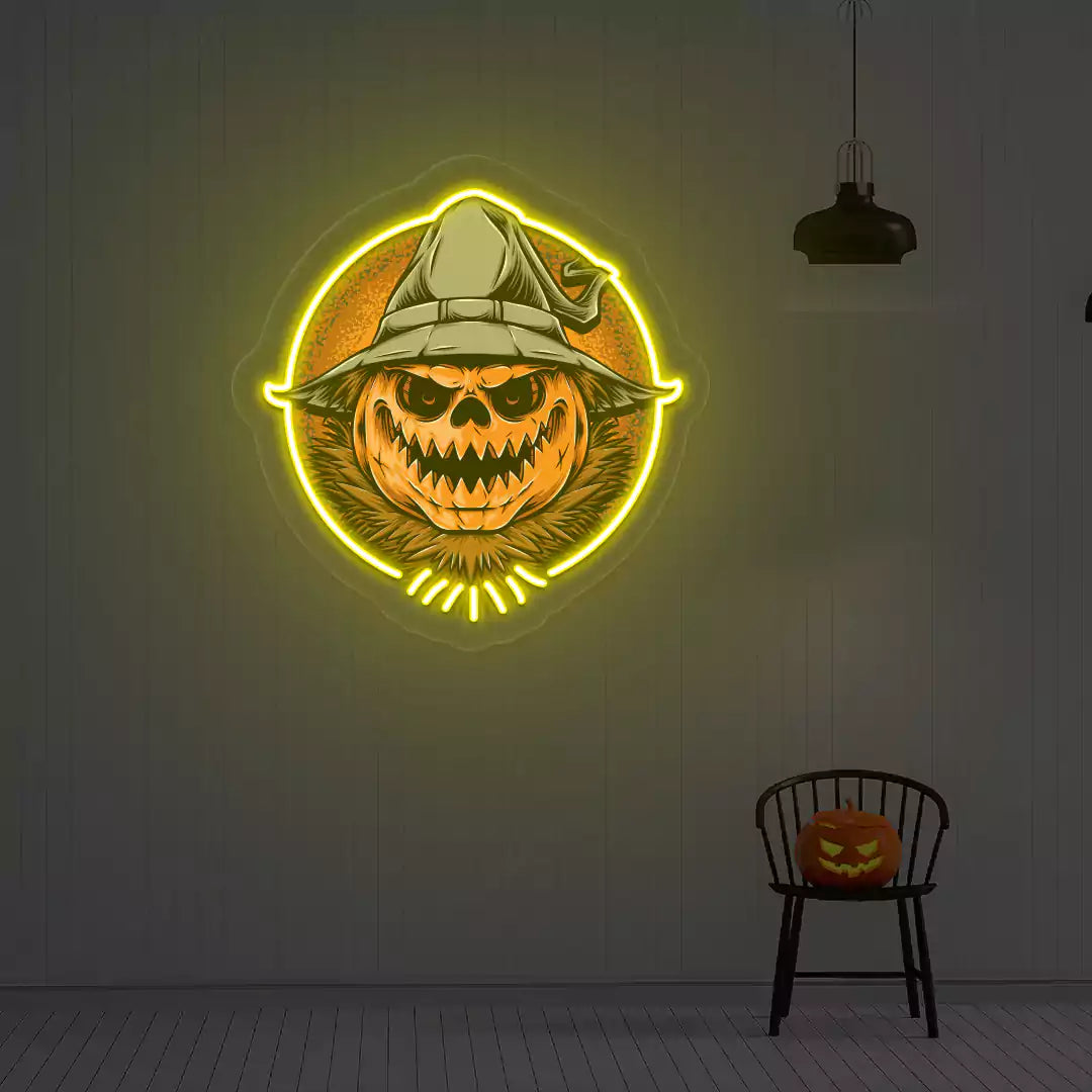 Witch Pumpkin Scarecrow Neon Artwork | Yellow