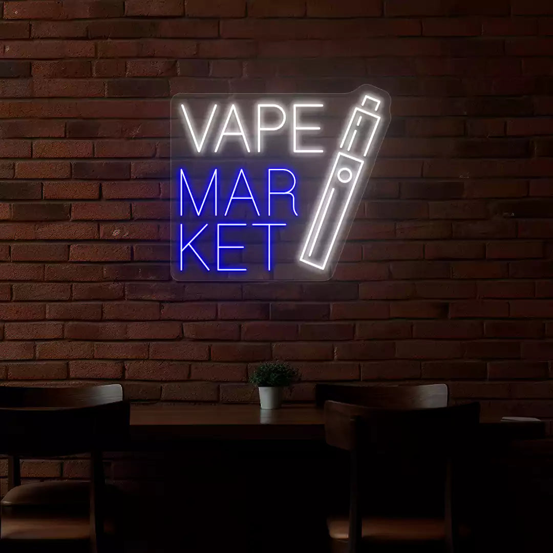 Vape Market Neon Sign in Blue and White Colour mounted on wall