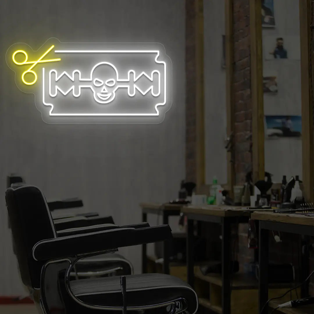 Skull Razor Blade Barber Neon Sign in Yellow colour 