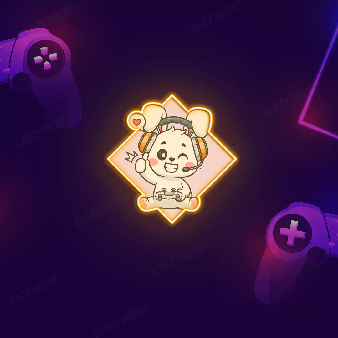 Cute Bunny Gamer Neon Artwork in Orange Color.