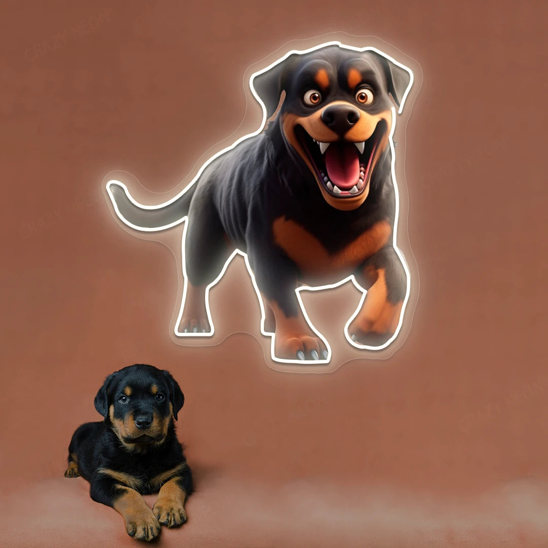Playful Puppy Rottweiler Neon Artwork in warmwhite color