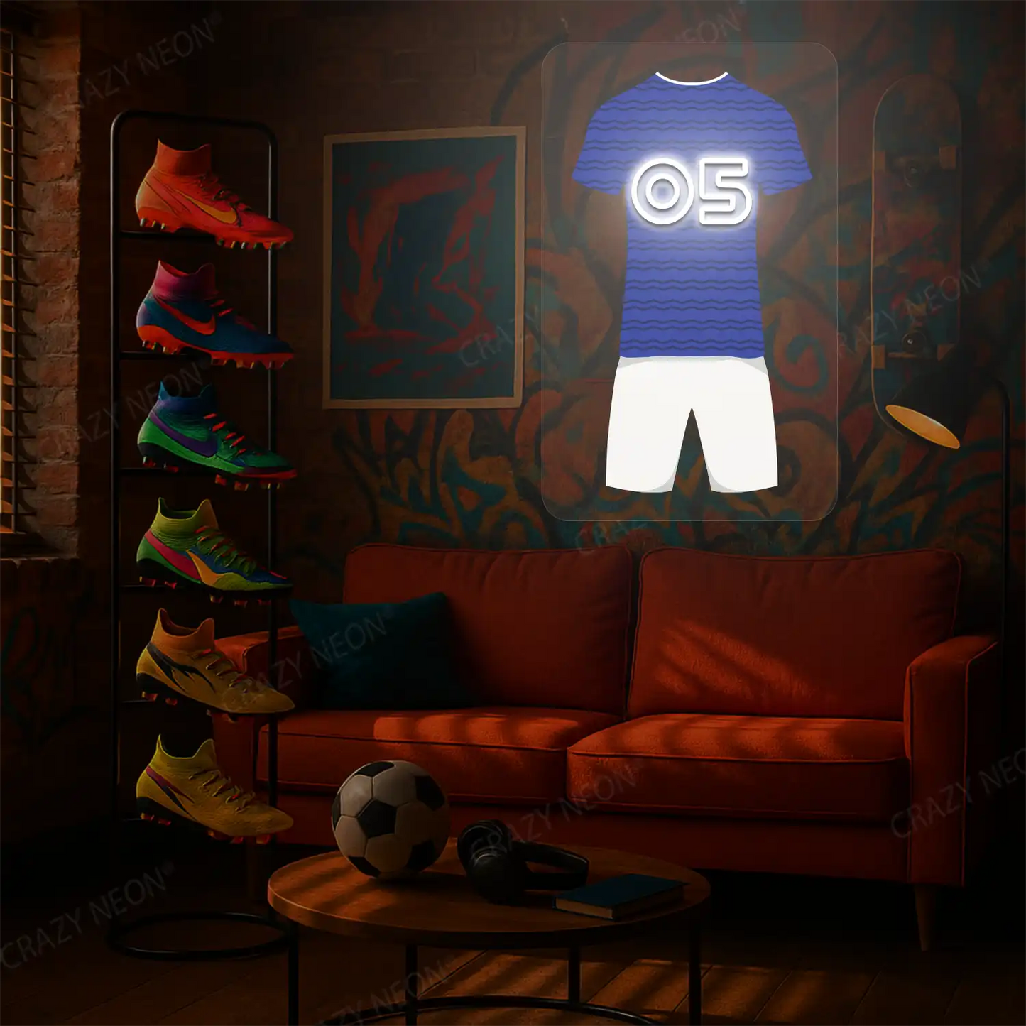 Blue football jersey neon artwork with number 05 glowing on a graffiti-decorated wall