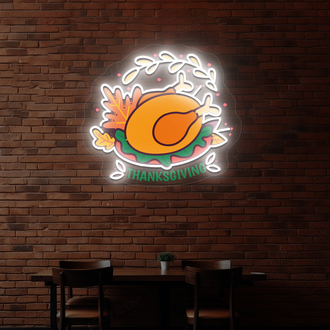 Thanksgiving roast turkey neon sign in white