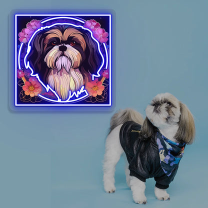 Floral Halo Shih Tzu Portrait Neon Artwork in blue color