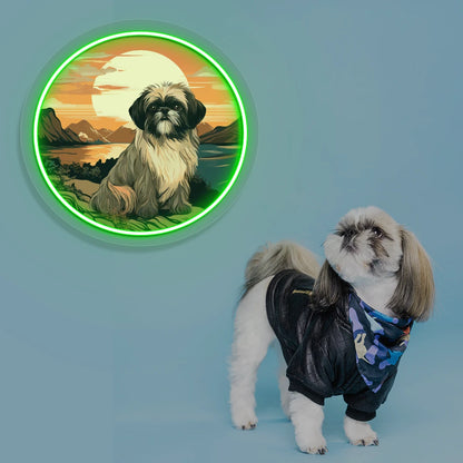Sunset Lake Shih Tzu Portrait Neon Artwork in green color