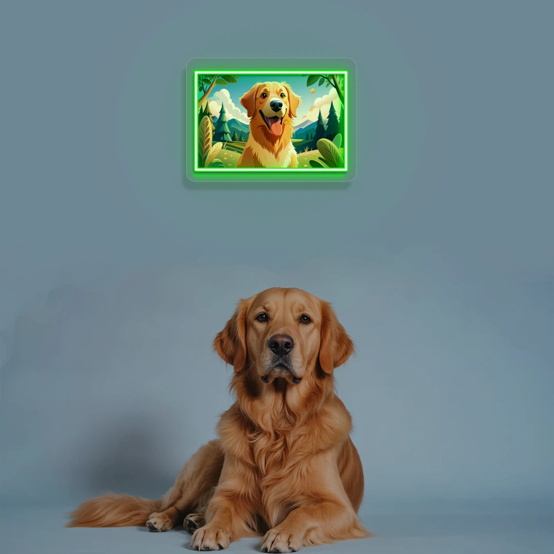 Mountain Trail Golden Retriever Portrait Neon Artwork in green color