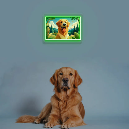 Mountain Trail Golden Retriever Portrait Neon Artwork in green color