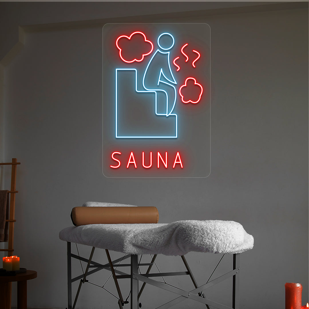 Sauna Relax neon sign in ice blue and red colors glowing in a spa room