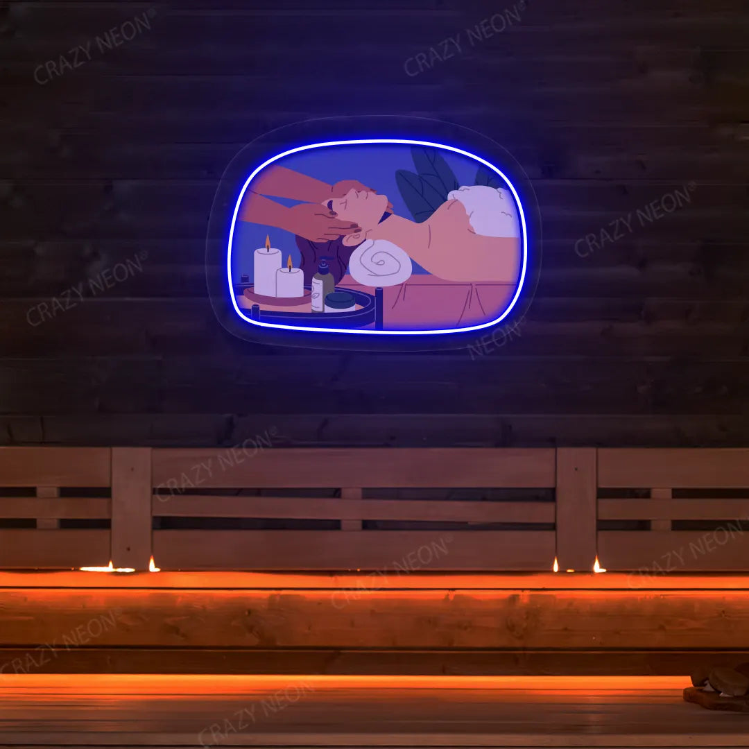 Relaxation Massage Neon Artwork lighting up in blue color on a wooden spa wall