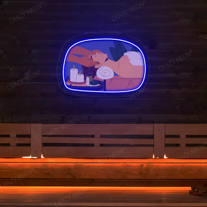Relaxation Massage Neon Artwork lighting up in blue color on a wooden spa wall