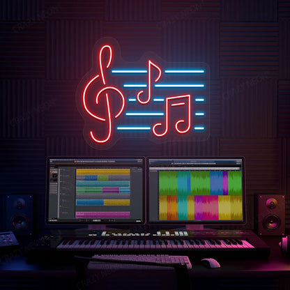 Music Notes Neon Sign In Red and Ice Blue Colour mounted on Wall