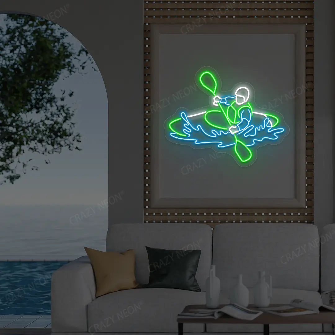 green white and ice blue water sport kayaker neon sign mounted on a wall