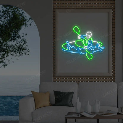 green white and ice blue water sport kayaker neon sign mounted on a wall