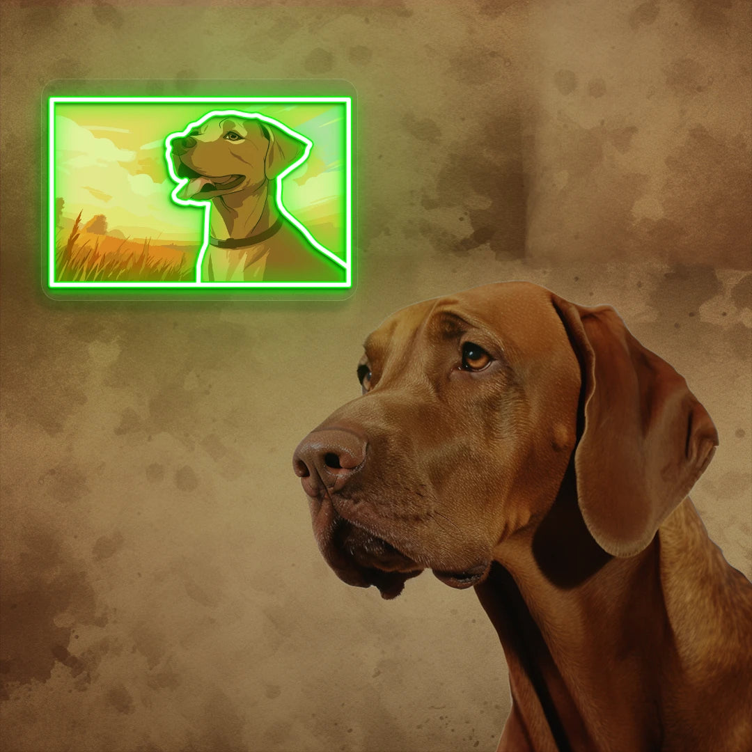 Sunset Field Vizsla Dog Neon Artwork in Green color