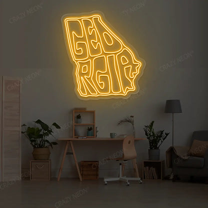GEORGIA Map Neon Sign lighting up in orange color in a room