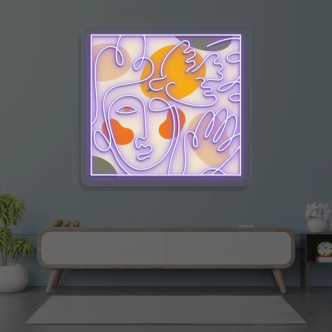 Abstract Face Neon Artwork Sign in Purple color
