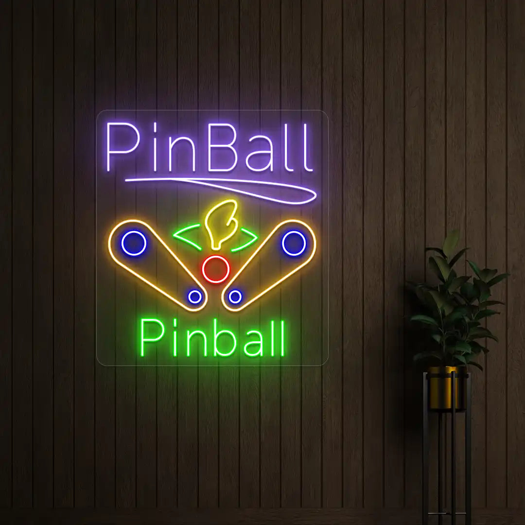 Multi color pinball wizard vintage neon sign mounted on a wall