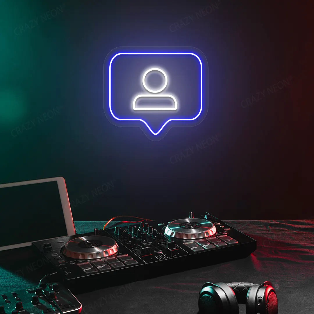 Profile Icon Box Neon Sign in Blue color mounted on a Wall 