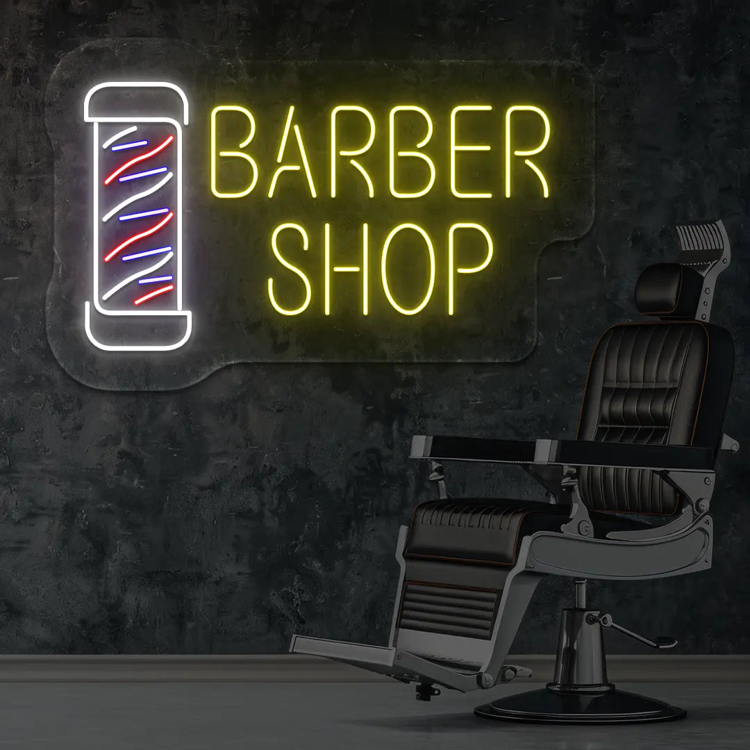 Barber Shop LED Neon Sign in Yellow Colour mounted on wall 
