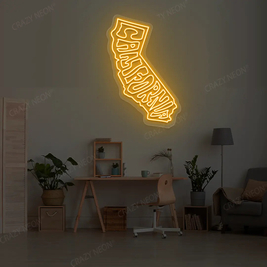 CALIFORNIA Map Neon Sign lighting up in orange color in a room