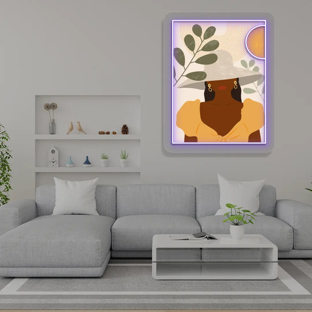 purple boho lady abstract Neon Artwork Sign mounted on a wall