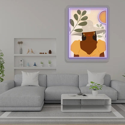 purple boho lady abstract Neon Artwork Sign mounted on a wall