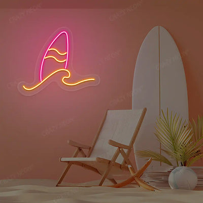 orange and pink minimal surfboard and wave neon sign mounted on a wall