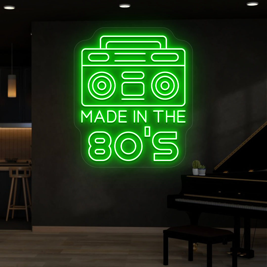 green made in the 80s stereo vintage neon sign mounted on a wall