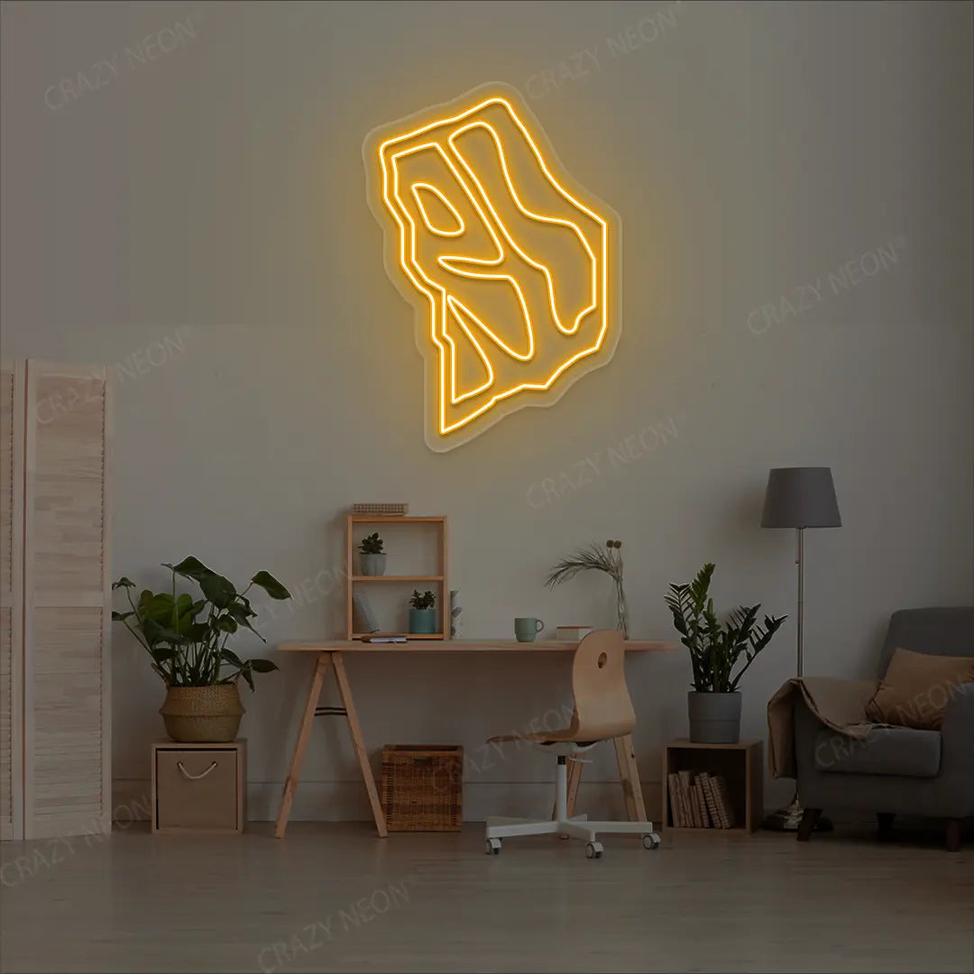 RHODE ISLAND Map Neon Sign lighting up in orange color in a room