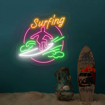 multi color surfing neon sign mounted on a wall