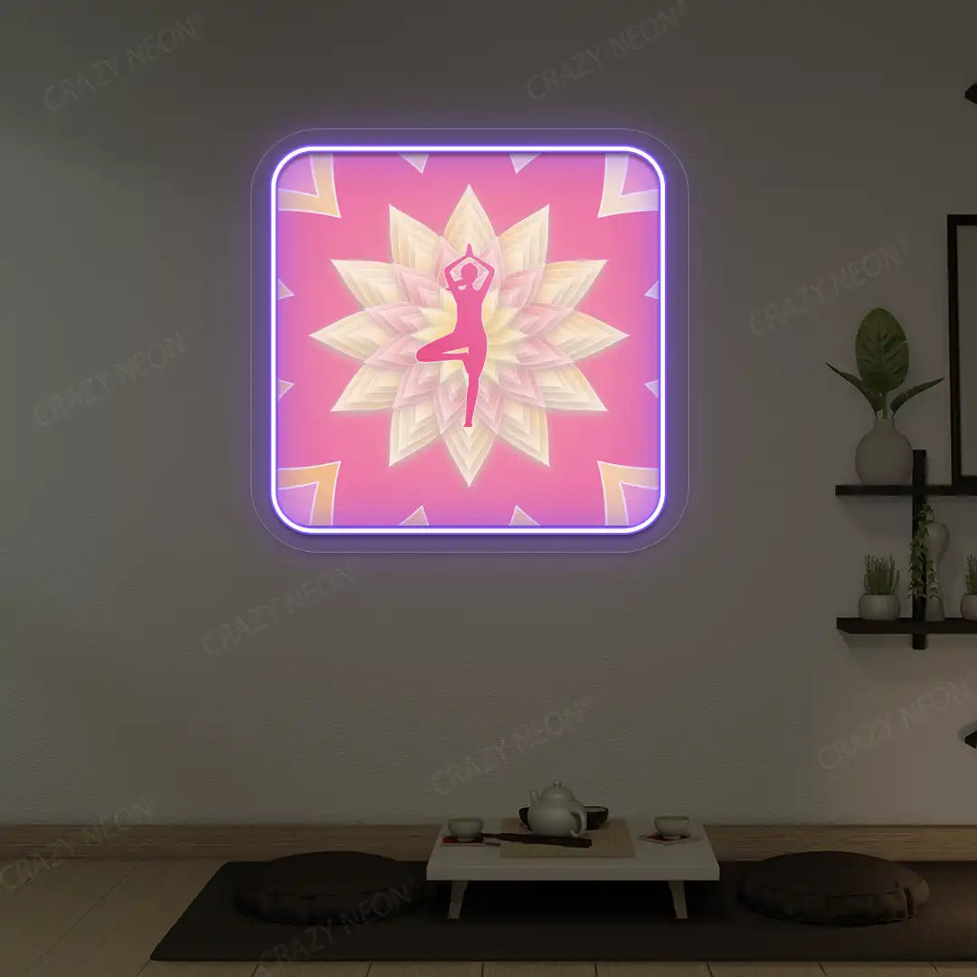 Vrikshasana Mandala Yoga Neon Artwork lighting up in purple color in a yoga room